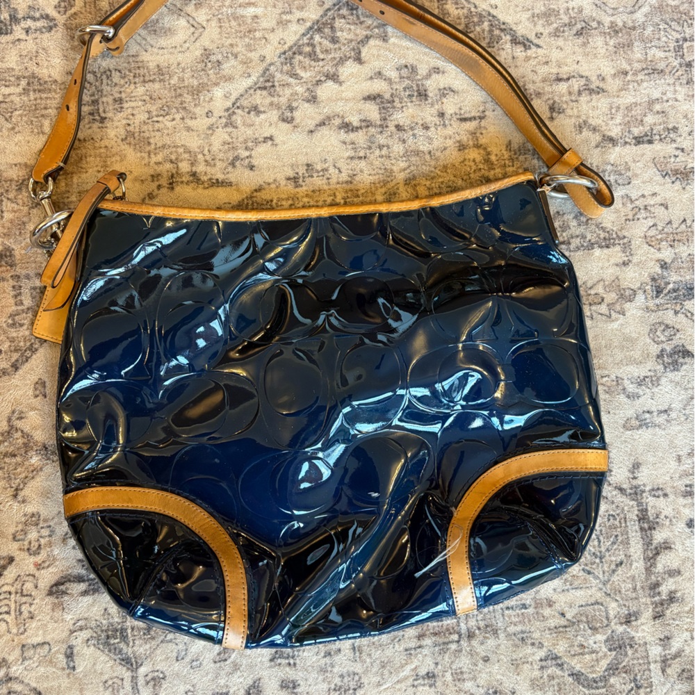 Coach Glossy Blue and Tan Shoulder Bag - Picture 2 of 6
